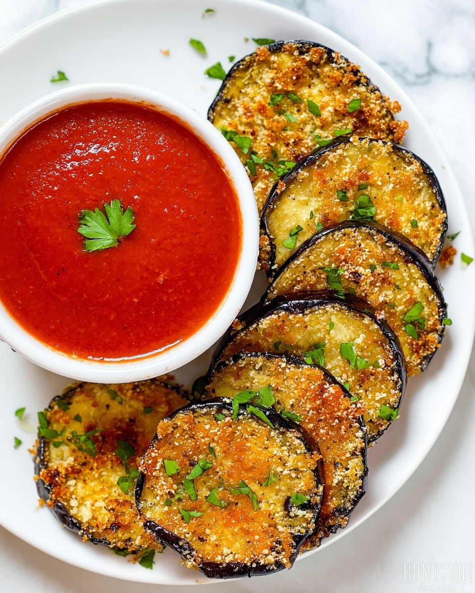 A round white plate holds six golden-brown toasted eggplant slices arranged in a neat overlapping line on the right side, each slice topped with a textured, slightly crunchy breadcrumb or cheese layer and scattered with small fresh green parsley leaves. On the left side of the plate, a small white bowl is filled with bright red marinara sauce that has a smooth but chunky texture, garnished with a small parsley leaf. The plate sits on a white marbled surface. photo taken with an iphone --ar 4:5 --v 7