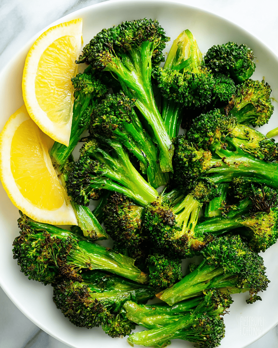 The image shows a white plate filled with roasted broccoli florets, each bright green with edges slightly browned and crispy. The broccoli pieces are layered close together, with the texture showing small florets and thick stalks. On the left side of the plate, there are two lemon wedges with a bright yellow color and a smooth, moist texture. The whole scene sits on a white marbled surface, highlighting the vibrant colors of the broccoli and lemon. photo taken with an iphone --ar 4:5 --v 7