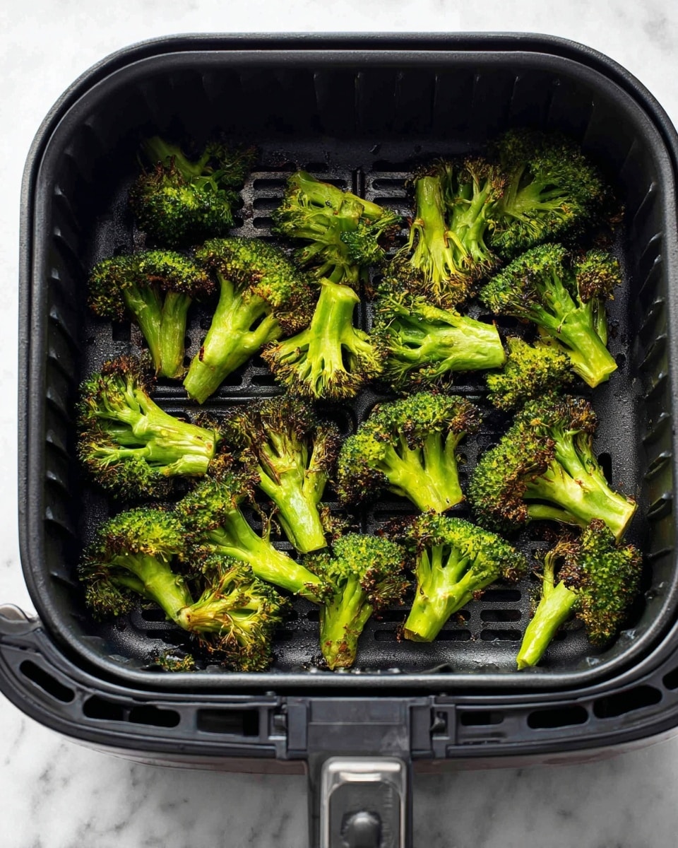 Inside a black air fryer basket, there are many small broccoli florets spread evenly. Each piece is bright green with parts that are lightly browned or charred, showing they have been cooked to a crispy texture. The broccoli pieces have thick stalks and fluffy tops, arranged in a single layer so none overlap. The basket has a ridged bottom that is visible between the broccoli. The handle of the basket extends forward, adding depth to the image. The whole scene is set on a white marbled texture. photo taken with an iphone --ar 4:5 --v 7