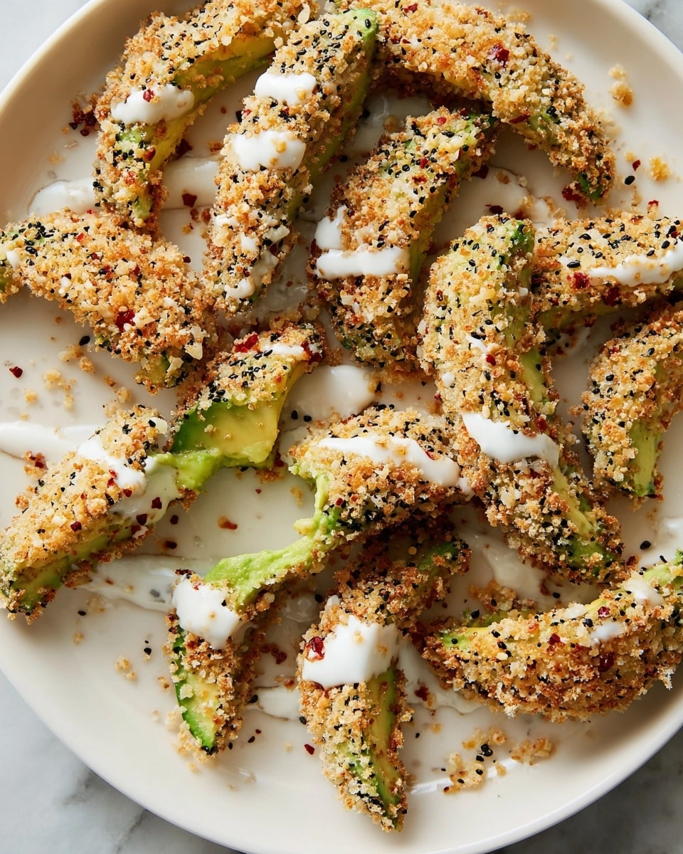 The image shows a white plate filled with crispy avocado slices coated in a crumbly, textured golden-brown crust mixed with black and white sesame seeds and red pepper flakes. The avocado wedges have a bright green inside visible where one piece is partly eaten, showing the soft and creamy fruit. The crispy coating covers the smooth green flesh in a rough, crunchy layer. White creamy sauce is drizzled unevenly over the avocado pieces, adding a smooth contrast to the crunchy texture. The plate rests on a white marbled surface. Photo taken with an iphone --ar 4:5 --v 7