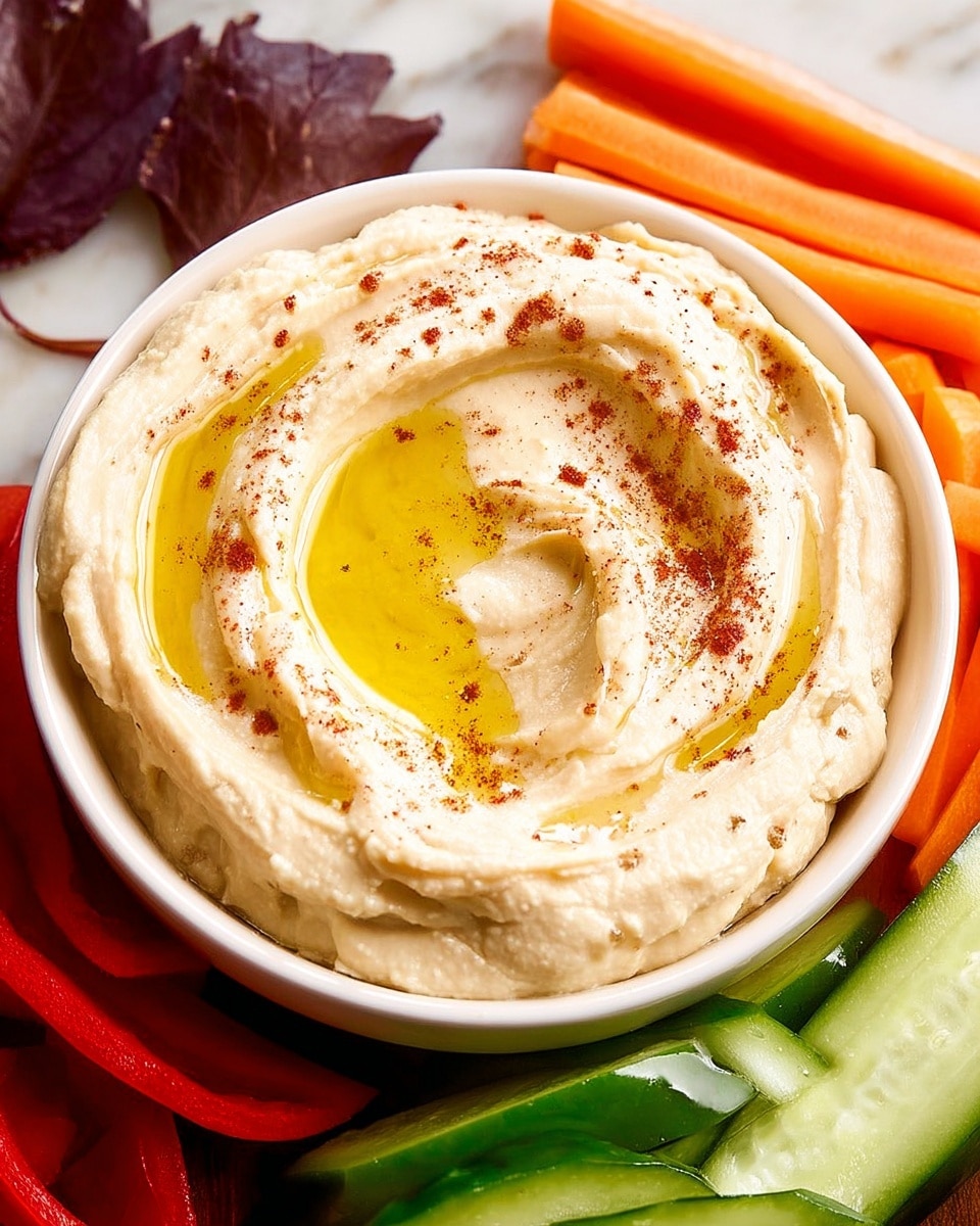 A bowl of creamy hummus with smooth, pale beige texture fills the white bowl, topped with glistening golden olive oil pooled in shallow swirls on its surface. Light sprinkles of reddish-brown spices are scattered over the hummus, adding a hint of color and texture contrast. Surrounding the bowl are fresh vegetable sticks in vibrant colors: bright green cucumber slices with visible seeds, orange carrot sticks, and deep red bell pepper strips, resting on a white marbled surface that gives a clean, polished look. A dark red dried leaf is placed near the bowl adding an earthy touch. photo taken with an iphone --ar 4:5 --v 7