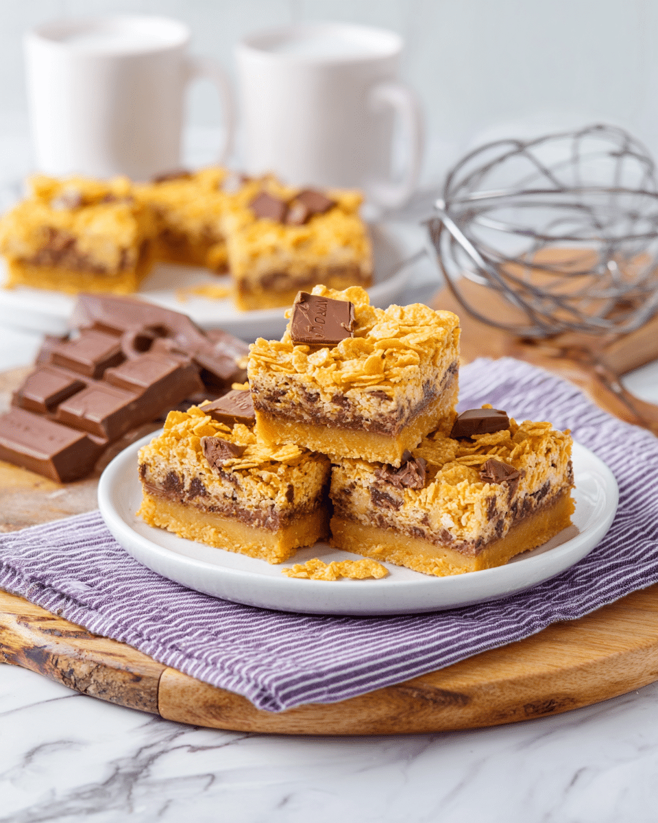 The image shows three square-shaped dessert bars stacked on a white plate set on a wooden board with a striped purple cloth underneath. The bars have three visible layers: a bottom golden crust, a middle caramel or light brown creamy layer, and a top layer covered with golden crushed cornflakes mixed with pieces of milk chocolate. In the background, there are two white mugs and another plate with additional dessert bars. A metal whisk and two pieces of chocolate sit on the wooden board beside the plate, all placed on a white marbled surface. photo taken with an iphone --ar 4:5 --v 7