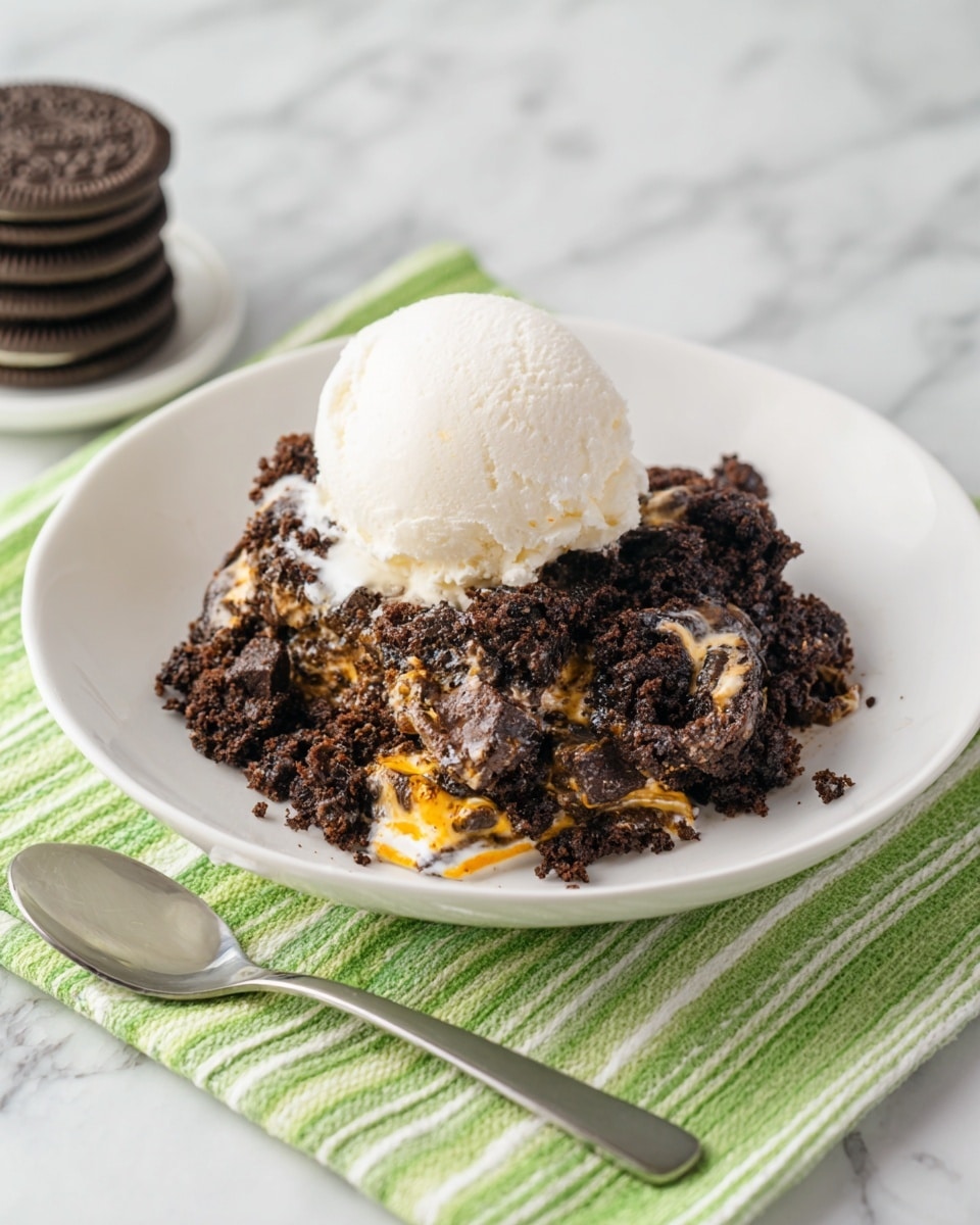 A white plate holds a dessert with two main layers: a dark brown, crumbly chocolate layer on bottom mixed with creamy orange swirls, topped with a scoop of smooth, white vanilla ice cream. The dessert’s texture looks soft and slightly gooey with chunks scattered unevenly. The plate is set on a green cloth with white stripes on a white marbled surface. Nearby are two sandwich cookies stacked and a shiny metal spoon resting beside the plate. Photo taken with an iphone --ar 4:5 --v 7