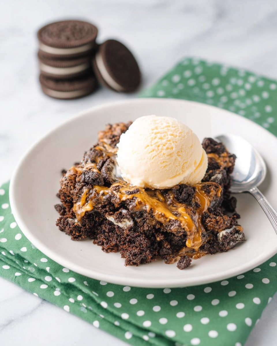 A white plate holds a dessert with two main layers: a dark, crumbly chocolate crust mixed with chunks of cookies, and swirls of light caramel or peanut butter running through it, creating a marbled effect. On top of this mixture is a scoop of smooth, creamy vanilla ice cream, contrasting with the darker dessert beneath. The plate sits on a green cloth with white polka dots, placed over a white marbled surface. Nearby, a silver spoon rests on the cloth, and a woman's hand holds a stack of chocolate sandwich cookies in the background, with two more cookies lying next to the plate. photo taken with an iphone --ar 4:5 --v 7