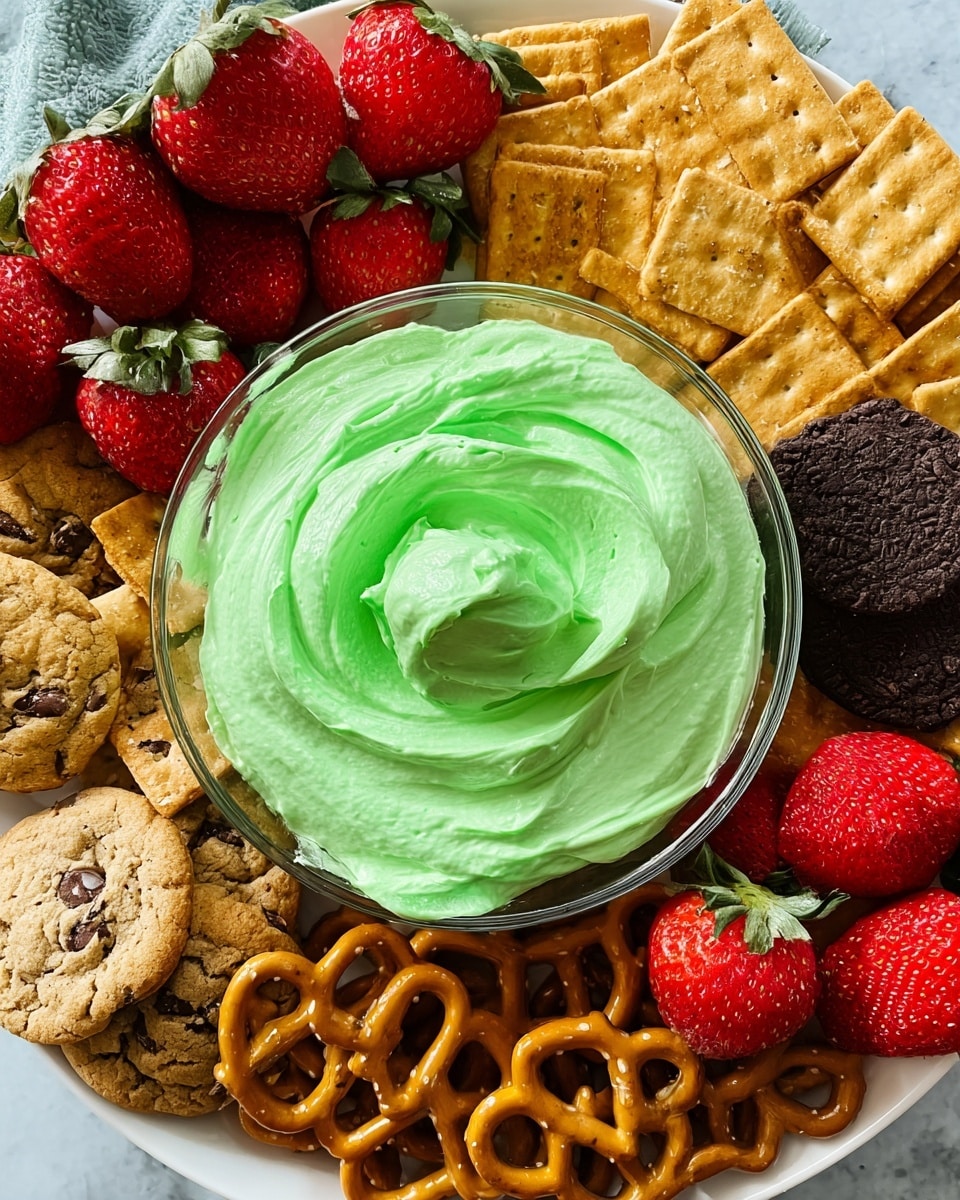 A white plate with a white marbled surface holds a clear glass bowl in the center filled with thick, green whipped dip that has a smooth, creamy texture with soft swirls on top. Surrounding the bowl are layers of snacks arranged in sections: golden brown rectangular graham crackers on the top and bottom, golden brown pretzels with a glossy finish on the right and bottom left sides, bright red fresh strawberries with green leaves on the left and right edges, a dark chocolate cookie partially visible between strawberries, and a light brown chocolate chip cookie near the bottom left corner. The overall colors are vivid with a mix of green, red, golden brown, and a touch of dark brown. photo taken with an iphone --ar 4:5 --v 7