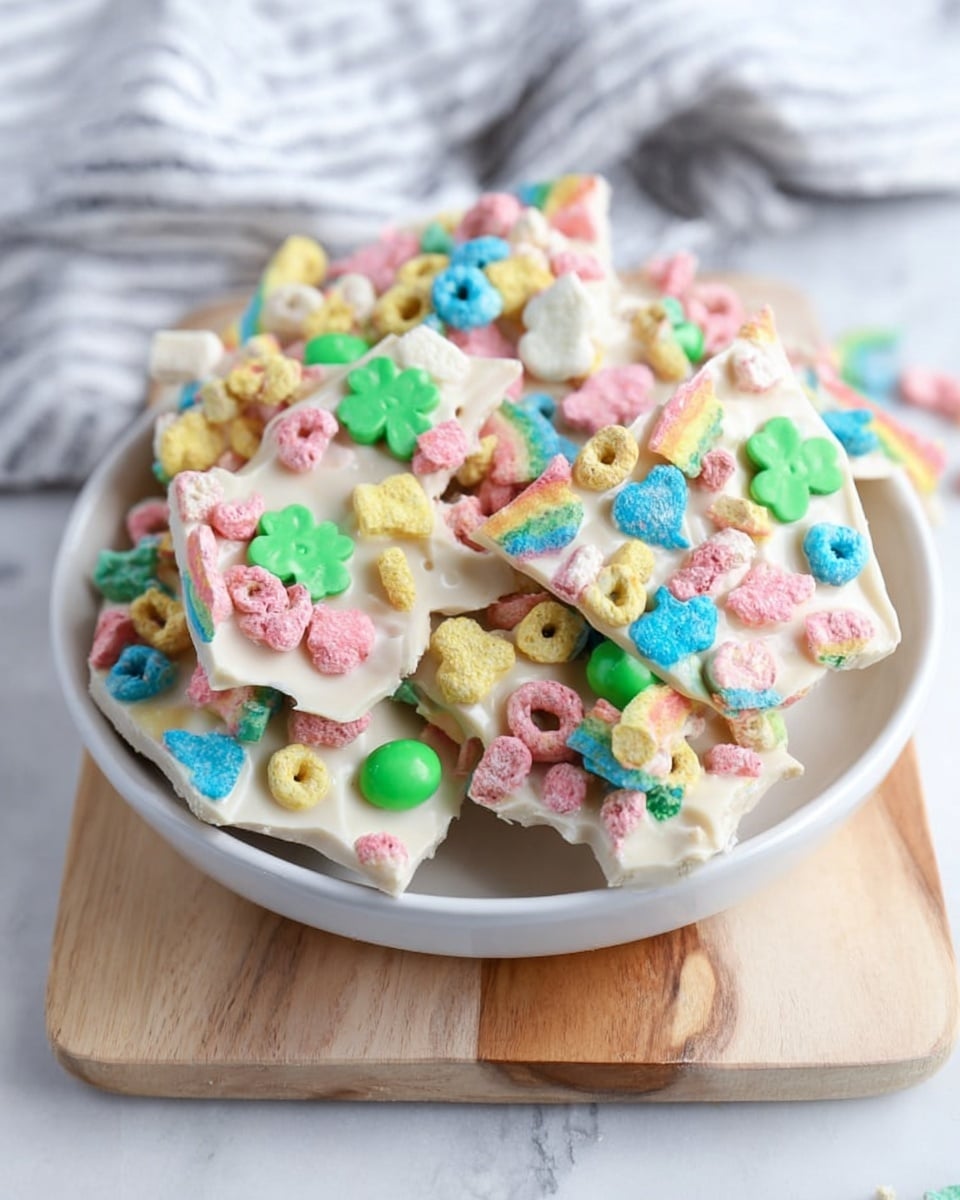 A white bowl filled with irregularly shaped pieces of white chocolate bark topped with a colorful cereal mix, including pastel marshmallow shapes like rainbows, clovers, and stars, as well as round green sugar pearls scattered throughout. The white chocolate base is smooth and glossy with a few cracks, and the cereal toppings create a textured, playful surface with bright pops of pink, blue, yellow, green, and red. The bowl sits on a light wooden board with a white marbled background and a soft cloth with grey stripes blurred in the background. photo taken with an iphone --ar 4:5 --v 7