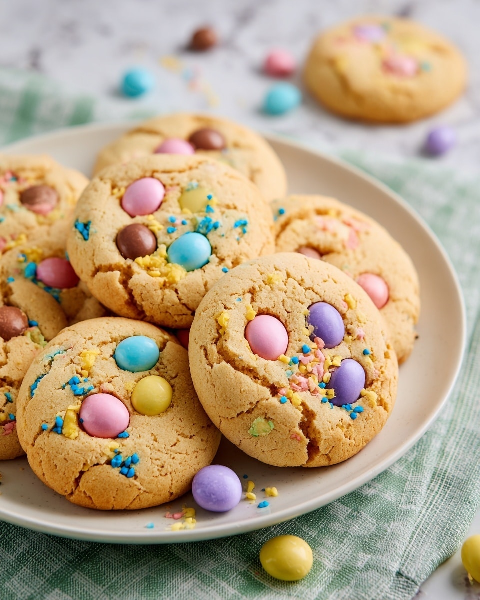 A white round plate filled with golden-brown cookies topped with colorful candy-coated chocolate pieces in pastel pink, blue, purple, yellow, and brown shades, along with small blue and yellow sprinkles scattered on some cookies; the cookies have a cracked texture showing softness inside, and a few loose candies lie on the plate among the cookies. The plate rests on a light green and white checkered cloth over a white marbled surface. Photo taken with an iphone --ar 4:5 --v 7