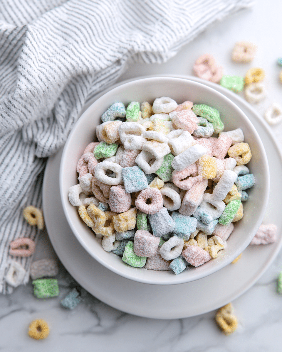 A white bowl filled with colorful cereal pieces coated in a white powdered sugar layer, resting on a white plate with a few cereal pieces scattered around it. The cereal pieces are a mix of pastel colors including pink, blue, green, yellow, and white, with various shapes like O's, marshmallows, and small dinosaur shapes, all covered with a light dusting of powder giving a soft, textured look. A white and gray striped cloth is draped gently around the bowl, all placed on a white marbled surface. Photo taken with an iphone --ar 4:5 --v 7