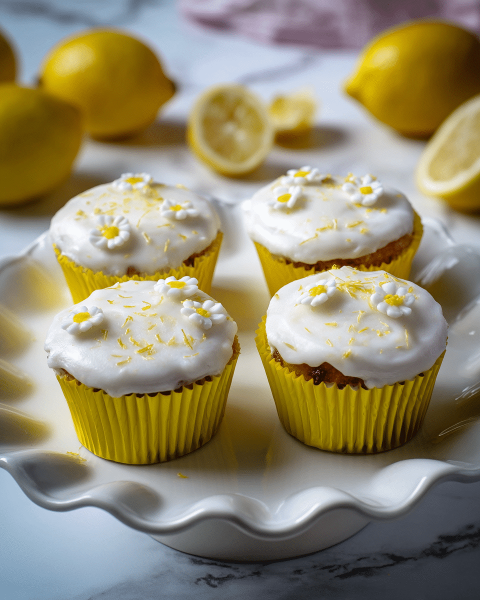 Four cupcakes sit on a white plate with a wavy edge. Each cupcake has a yellow wrapper and a smooth white frosting layer on top. The frosting is decorated with small white and yellow flower shapes and sprinkled with yellow zest. The plate is placed on a white marbled surface with lemon halves and whole lemons blurred in the background. Photo taken with an iphone --ar 4:5 --v 7