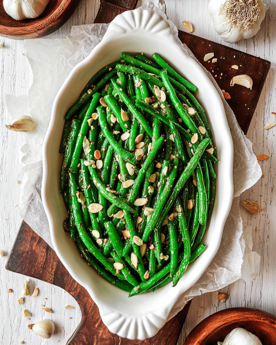 A white oval dish with ruffled edges holds a single layer of bright green cooked green beans tossed with small light brown almond slices sprinkled evenly on top. The green beans have a glossy texture, showing they are cooked with oil and seasoning. The dish is placed on crumpled parchment paper over a white marbled surface. Small almonds and garlic cloves are scattered around the dish, along with a wooden bowl holding garlic bulbs partially visible in the bottom right. Photo taken with an iphone --ar 4:5 --v 7