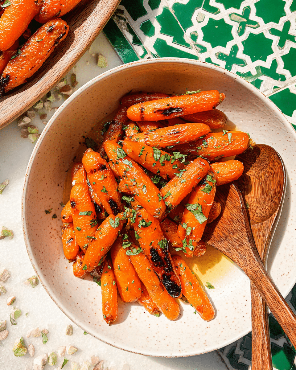A white bowl filled with bright orange glazed carrots that have charred spots and are sprinkled with chopped green herbs, with two wooden spoons resting on the right side inside the bowl, all placed on a white marbled textured surface with a green and white tiled pattern partially visible. Photo taken with an iphone --ar 4:5 --v 7