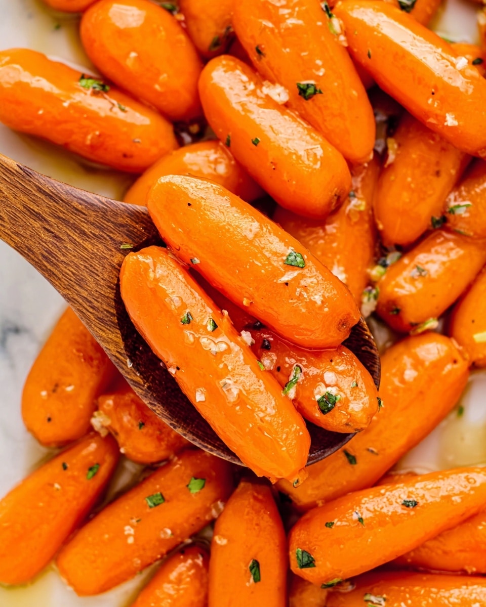 The image shows a close-up of cooked baby carrots covered with a shiny glaze, giving them a bright orange color with a slightly glossy texture. The carrots are garnished with small green herb pieces scattered all over. The carrots are arranged on a white marbled surface. A wooden spoon holds a few carrots in the center, highlighting their smooth texture and shiny glaze with some small bits of herbs and seasoning on them. photo taken with an iphone --ar 4:5 --v 7