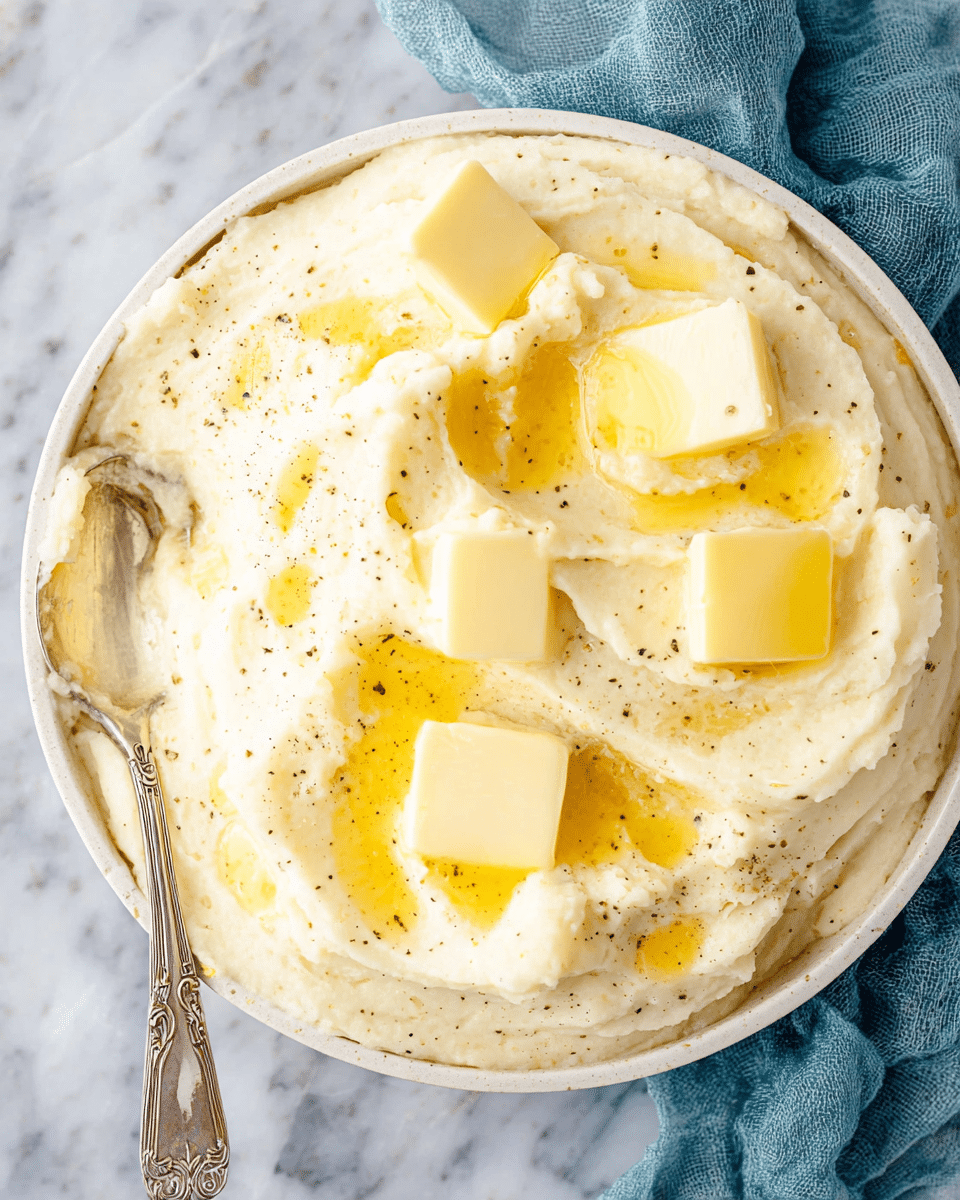 A white bowl filled with creamy mashed potatoes topped with five soft, yellow butter squares melting, creating shiny yellow pools on the light beige mashed surface. The mashed potatoes show a smooth but slightly textured look with tiny specks of black pepper scattered throughout. An ornate silver spoon is partially inserted into the mash on the left side of the bowl. The bowl sits on a white marbled surface with a blue cloth in the upper background, adding a gentle touch of color. Photo taken with an iphone --ar 4:5 --v 7