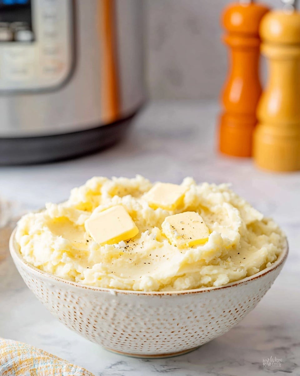A bowl of creamy mashed potatoes sits in a textured white bowl, filled to the top with soft, fluffy pale yellow mashed potatoes. Several small pieces of melting butter rest on the smooth surface, adding a glossy shine and a slightly uneven texture. The mashed potatoes have visible specks of black pepper scattered throughout, giving a subtle contrasting detail. In the blurred background, there is a silver electric cooker and two orange pepper grinders standing on a white marbled surface, enhancing the cozy kitchen atmosphere. Photo taken with an iphone --ar 4:5 --v 7