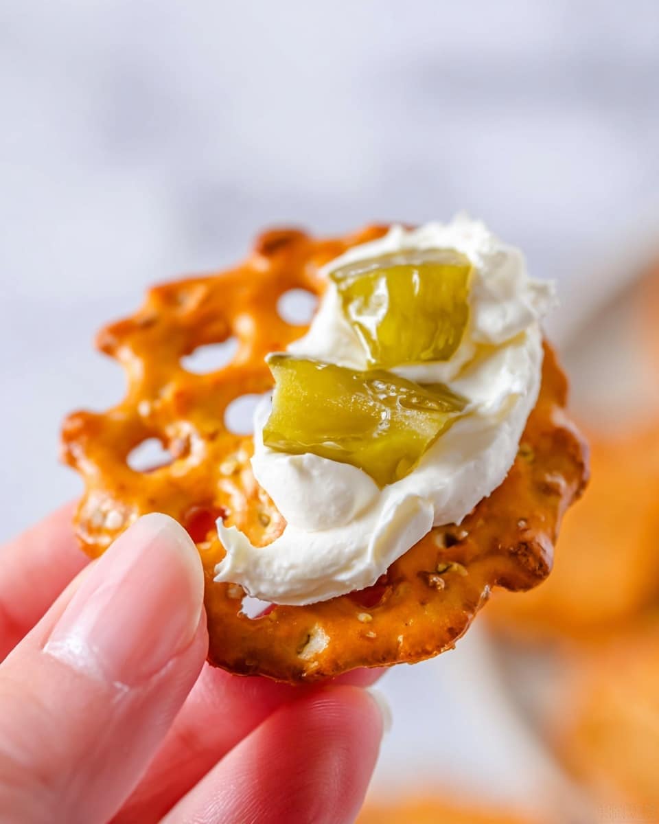 A close-up of a woman's hand holding an orange pretzel cracker with a rough texture and small holes. On top of the pretzel is a layer of creamy white spread, smooth and soft in texture. Embedded in the spread are small pieces of green pickle, adding a bright contrast in color and a slightly rough texture. The background shows a white marbled surface with soft focus, keeping the attention on the pretzel snack. Photo taken with an iphone --ar 4:5 --v 7