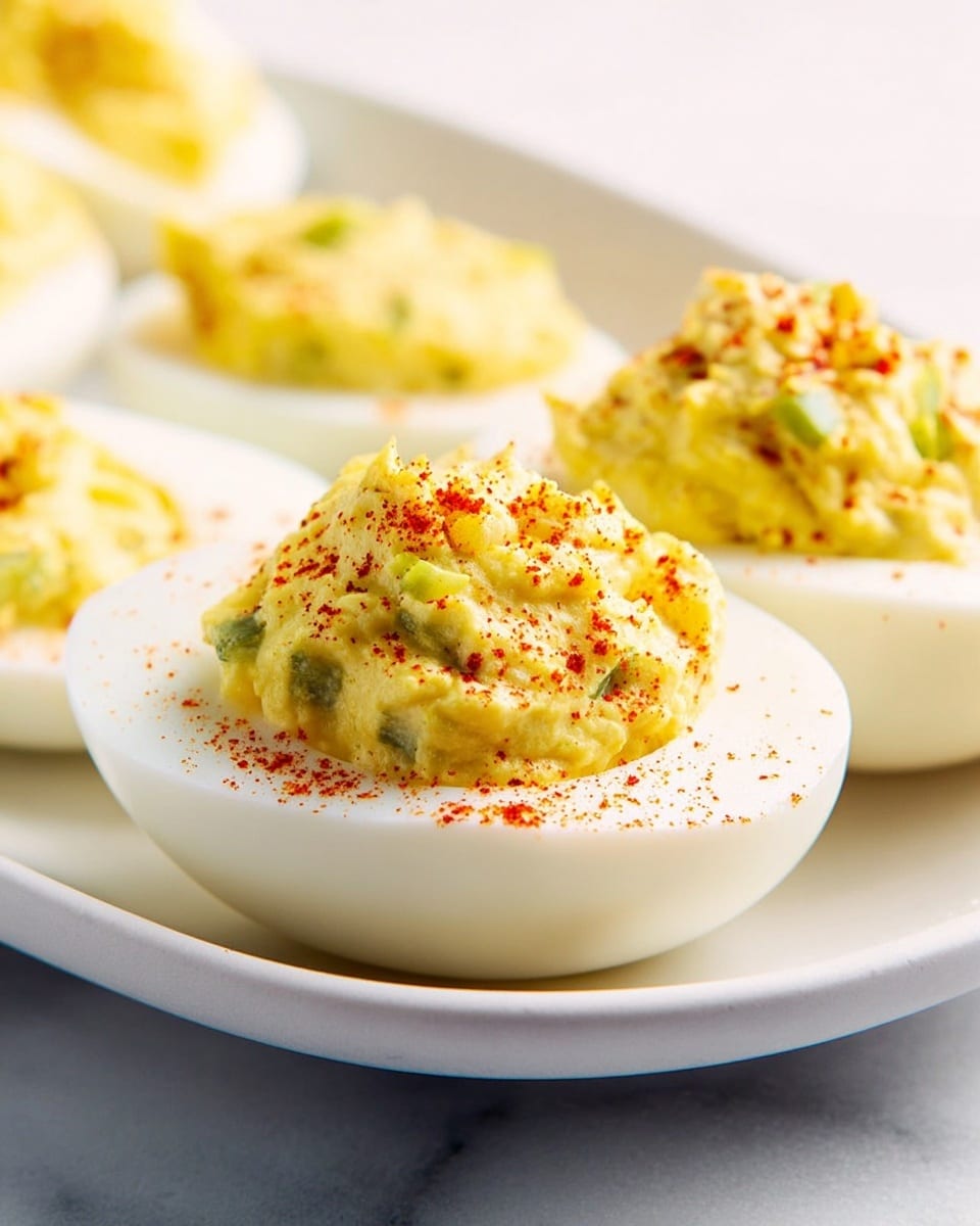 The image shows two pieces of deviled eggs on a white plate with a white marbled background. Each egg is cut in half horizontally, showing a smooth, bright white egg white base. On top of each egg white base is a thick layer of creamy yellow filling mixed with small green bits, likely pickles, making the texture slightly chunky. The filling is sprinkled lightly with red paprika powder, adding a pop of color to the yellow mixture. The eggs appear fresh and neatly arranged with a soft focus on the background showing more deviled eggs. photo taken with an iphone --ar 4:5 --v 7