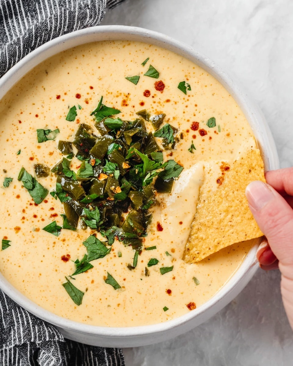 A white bowl filled with a smooth, creamy light yellow cheese dip speckled lightly with orange and green spices sits on a white marbled texture. In the center of the dip is a heap of chopped dark green roasted peppers and fresh bright green parsley leaves. A woman's hand is holding a folded, warm beige tortilla chip, dipping it into the cheese near the edge of the bowl. A black and white striped cloth is partially visible on the left side. Photo taken with an iphone --ar 4:5 --v 7