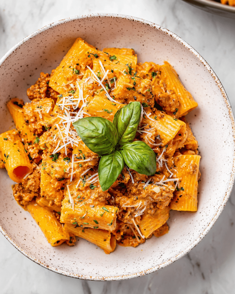 A bowl of rigatoni pasta covered in a creamy orange sauce mixed with small bits of ground meat, topped with thin shreds of white cheese and chopped green herbs scattered around, finished with a fresh cluster of three dark green basil leaves placed in the center, all served in a white bowl with a speckled pattern, set on a white marbled surface. photo taken with an iphone --ar 4:5 --v 7