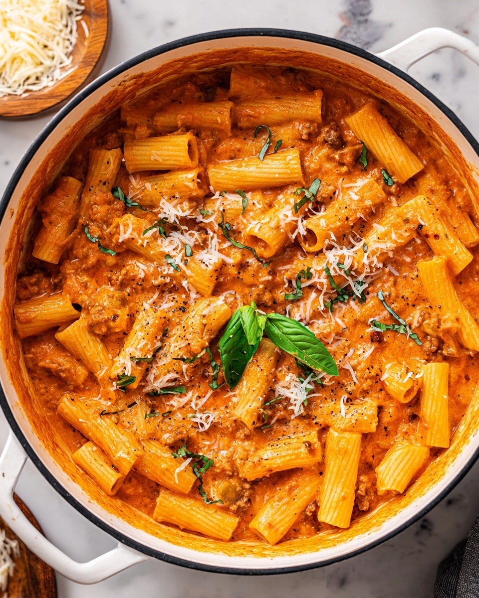 The image shows a white pot filled with creamy rigatoni pasta in a rich orange tomato sauce with visible small chunks of meat mixed in. The pasta tubes are well coated with the sauce and topped with thin shreds of white cheese that look melted, and scattered bright green chopped basil leaves add fresh color. In the center, several whole basil leaves rest on top as garnish. The sauce appears thick and smooth, clinging well to the pasta, and there is a light sprinkle of black pepper. The pot is placed on a white marbled surface, and part of a wooden bowl with shredded cheese is visible in the background. photo taken with an iphone --ar 4:5 --v 7