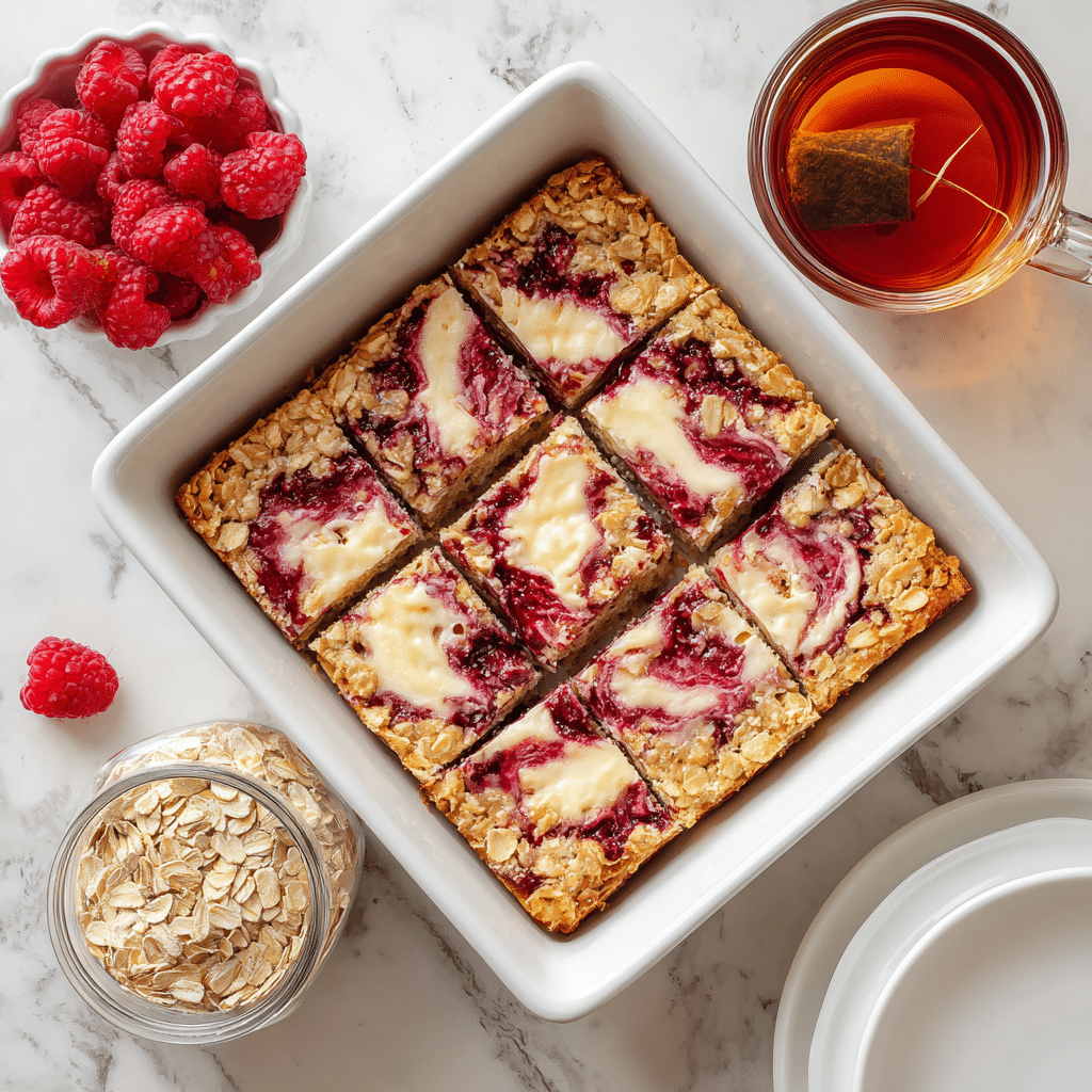 The image shows a square white baking dish with six cut squares of a baked oatmeal dessert, featuring a golden-brown oat layer swirled with creamy white and deep red raspberry jam in a marbled pattern across the top. To the left, there is a small white bowl filled with fresh bright red raspberries and a jar containing light beige rolled oats. On the right sits a clear glass cup with red tea and a tea bag inside, all placed on a white marbled surface, with a white plate partially visible at the bottom right. photo taken with an iphone --ar 4:5 --v 7