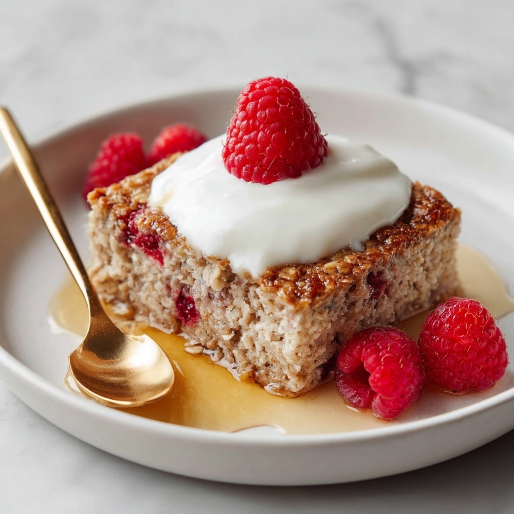 A single square piece of oatmeal bake with visible oats and bits of red raspberries mixed inside, topped with a dollop of white creamy yogurt and a fresh red raspberry on top. The oatmeal bake has a golden-brown crust on one side and a soft, moist, light brown inside layer. Around the dish, there are a few extra raspberries adding a pop of red color. The dish is sitting on a white plate with a drizzle of syrup pooling underneath. A gold spoon with a clear bite-sized piece of the oatmeal bake is resting on the plate. The whole scene is set on a white marbled texture. photo taken with an iphone --ar 4:5 --v 7