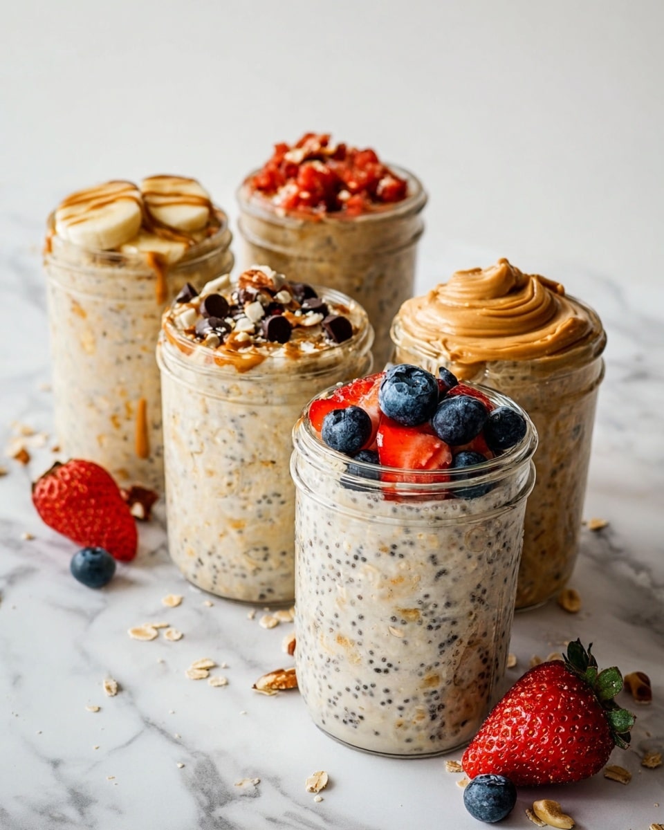Four clear glass jars each filled with three layers of creamy oatmeal mixed with chia seeds that give a speckled texture throughout. The first jar on the left has a top layer of banana slices, peanut butter drizzle, and chocolate chips. The second jar behind it is topped with red berries and nuts. The third jar has a smooth peanut butter swirl layer on top, decorated with fresh blueberries. The fourth jar has a mix of strawberry halves, blueberries, and granola on the top layer. The jars sit on a white marbled surface with scattered strawberries, blueberries, and small bits of granola around them. photo taken with an iphone --ar 4:5 --v 7