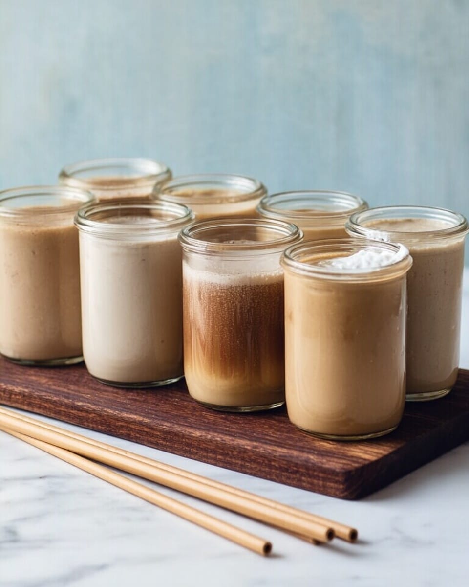 Six clear glass jars filled with creamy, smooth drinks in light beige, tan, and light brown shades are arranged on a dark wooden board placed on a white marbled surface. The drinks have slight color differences, showing layers of beige and brown with one drink topped with a dollop of white cream. In front of the board lie four light brown straws, parallel and resting on the white marbled surface. The background is soft blue, creating a calm setting. photo taken with an iphone --ar 4:5 --v 7