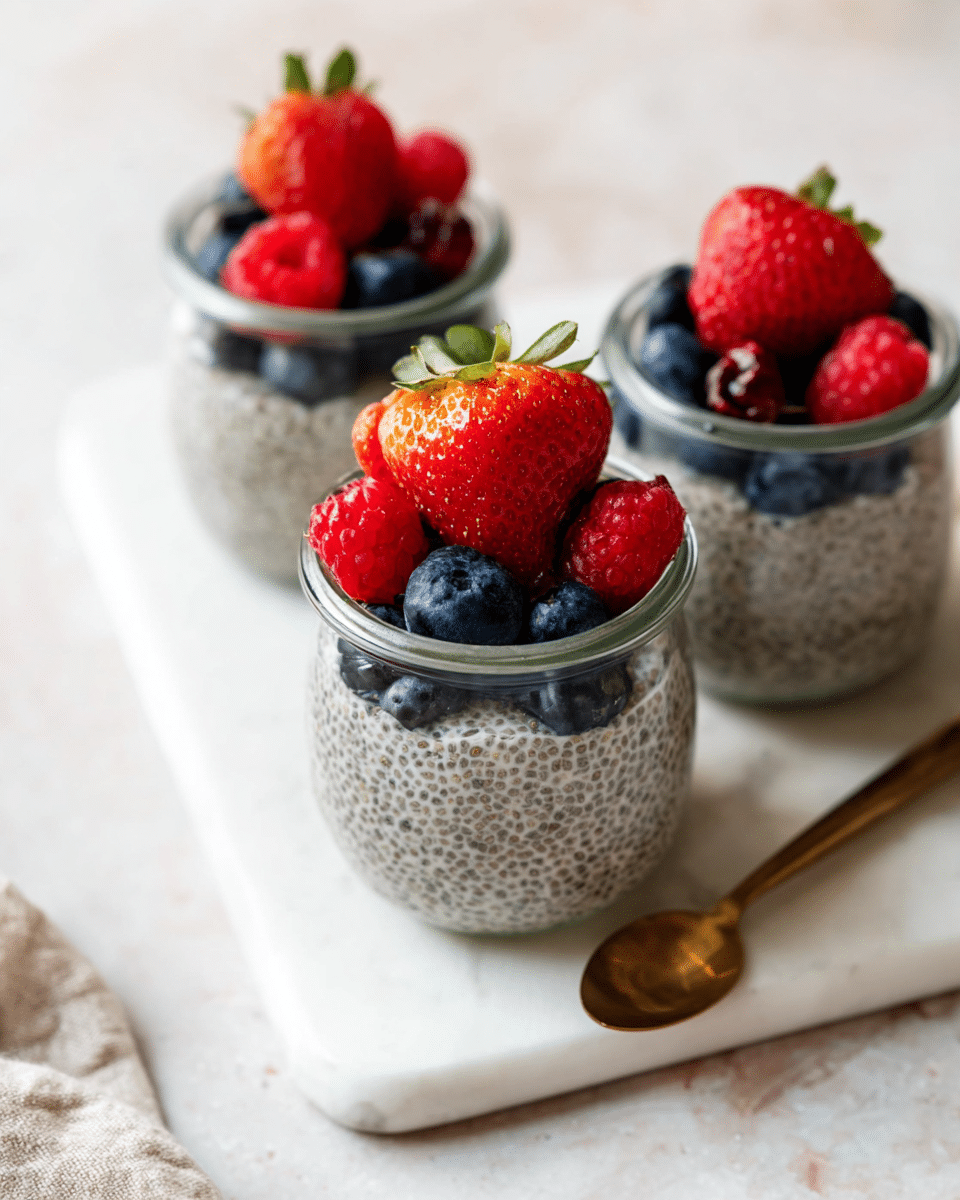Three small clear glass jars filled with a grayish chia seed pudding layer with visible chia seeds inside. Each jar is topped with a layer of fresh berries: one halved bright red strawberry with green top in the center, surrounded by a few dark blue blueberries and red raspberries. The jars are placed on a white marbled textured board with some subtle speckles, and a golden spoon is visible in the bottom right. The background is softly blurred, also showing a white marbled textured surface. photo taken with an iphone --ar 4:5 --v 7