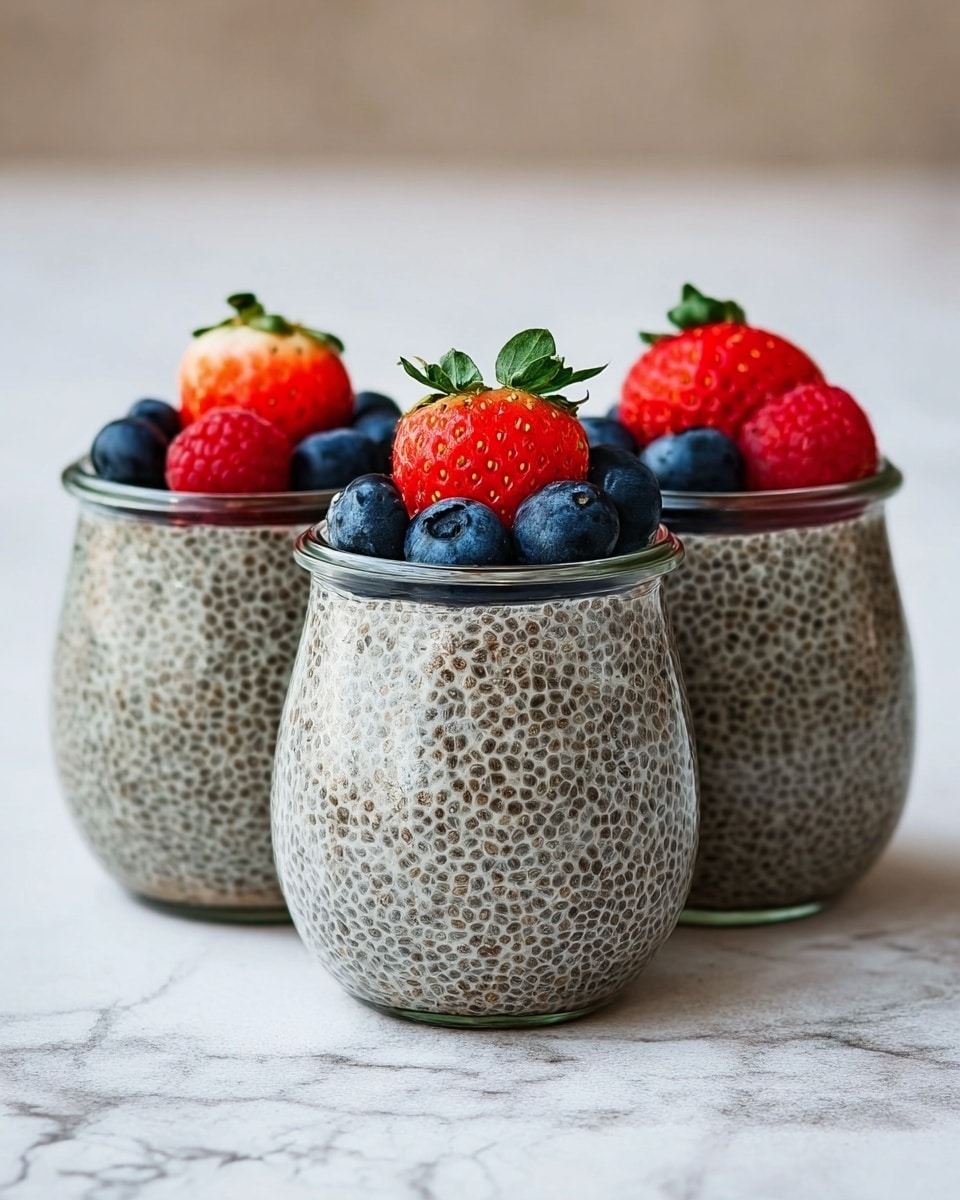 Three small clear glass jars are shown side by side on a white marbled surface, each filled with a grayish chia seed pudding with visible small round chia seeds giving a textured look. On top of each jar, there is a colorful layer of fresh fruits consisting of a halved bright red strawberry with green leaves facing outward, two dark blue blueberries, and two red raspberries. The jars have a round shape that is wider at the bottom and narrows slightly at the top, showing the pudding and fruit layers clearly. photo taken with an iphone --ar 4:5 --v 7