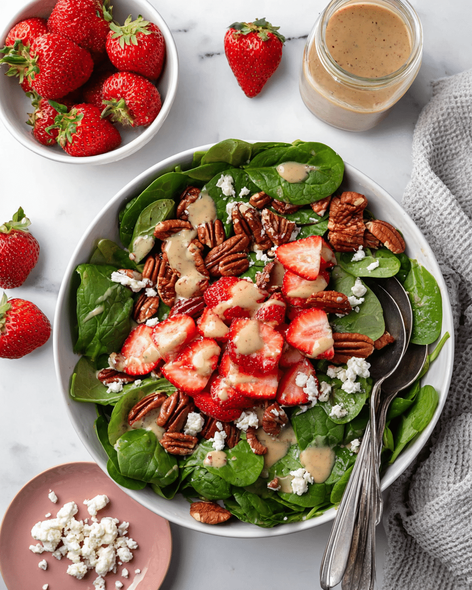 A white bowl holds a fresh salad with three main layers: the bottom layer is dark green spinach leaves with a smooth texture, the middle layer is bright red sliced strawberries adding juicy color, and the top layer consists of whole pecans with a brown, rough texture and white crumbles of cheese scattered all over. Light brown dressing is drizzled unevenly across the salad, giving a creamy appearance. There are two metallic spoons placed on the right side partially inside the salad. Around the bowl are whole and half-cut strawberries, a small white bowl with pecans, a small pink plate with cheese crumbles, and a small glass jar with more dressing, all placed on a white marbled surface with a light gray cloth on the top right corner. Photo taken with an iphone --ar 4:5 --v 7