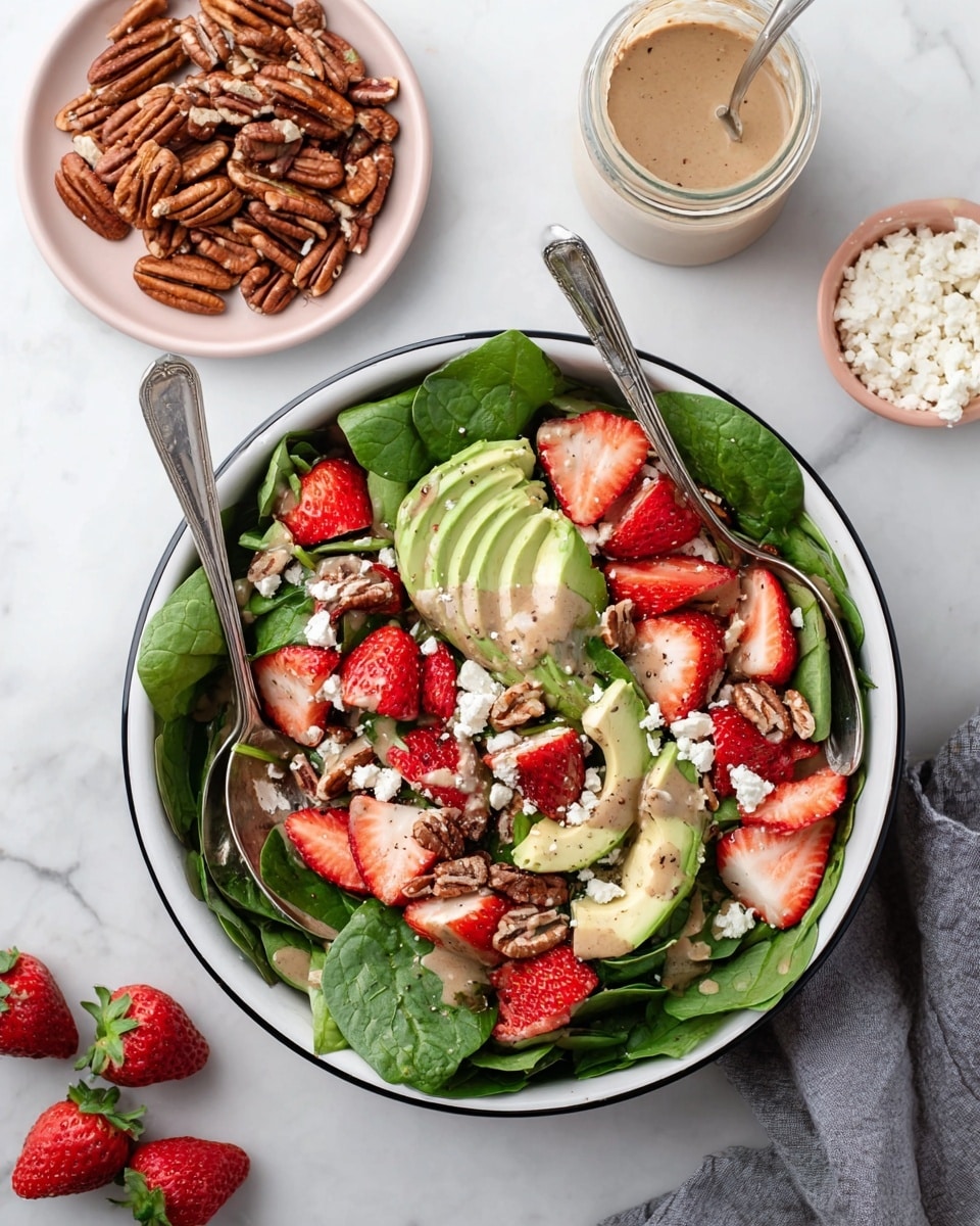 A white bowl with a thin black rim holds a fresh salad layered with bright green spinach leaves as the base, topped with red strawberry slices scattered evenly, creamy pale green avocado slices on one side, and whole pecan nuts placed throughout. Small crumbles of white cheese are sprinkled over the top along with light brown dressing drizzled across the salad. Two silver spoons rest inside the bowl. Surrounding the bowl on a white marbled surface are a small white plate filled with pecans, a pink dish with more white cheese crumbles, a glass jar with extra dressing, a folded gray napkin, and two strawberry halves. photo taken with an iphone --ar 4:5 --v 7