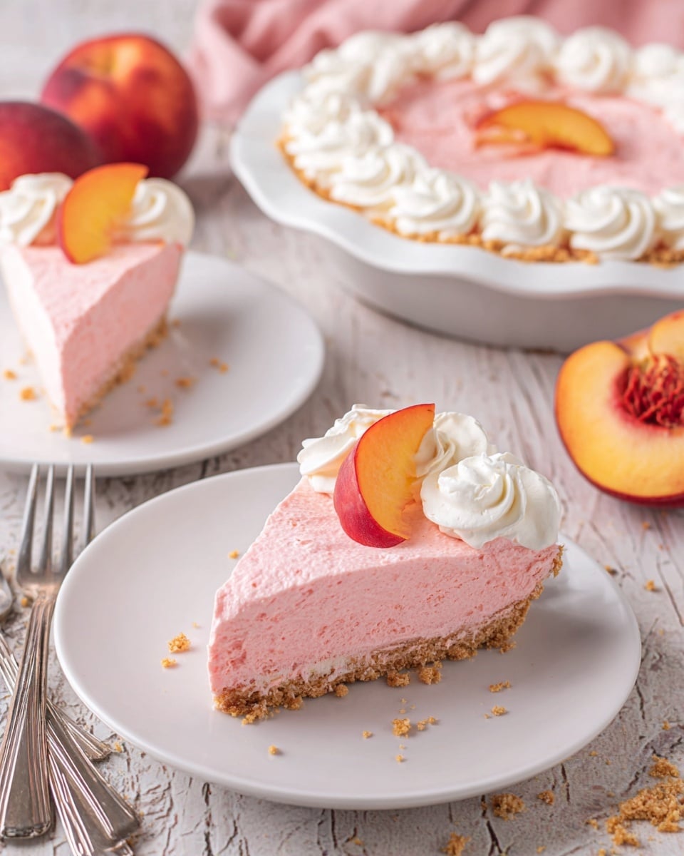 The image shows a slice of pink peach mousse pie with two distinct layers on a white plate: a crumbly light brown crust at the bottom and a thick, fluffy pink mousse layer on top. The slice is decorated with a swirl of white whipped cream and a thin peach slice placed on the whipped cream. Behind this plate is a second white plate with a similar slice, also topped with whipped cream. In the background, there is a white pie dish filled with the full mousse pie decorated with whipped cream swirls and peach slices around the edge. Around the plates and pie are whole peaches, peach slices, and crumbs scattered on a white marbled textured surface. Two silver forks lie next to the plates. Photo taken with an iphone --ar 4:5 --v 7