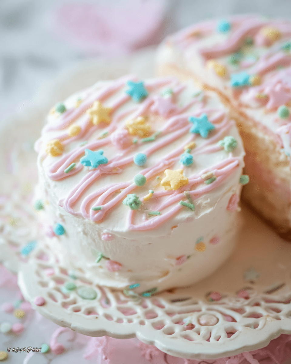 The image shows a close-up of a small round cake with one visible layer covered in smooth white frosting. On top of the cake is a decoration of light pink icing in swirly, looping lines spread across the surface in uneven waves. Scattered across the top are small pastel-colored sprinkles in shapes like stars and dots, mainly in soft blue, yellow, pink, and green. The cake is on a white plate with a cut-out lace pattern along the edge, placed on a white marbled textured surface with some stray sprinkles around. Photo taken with an iphone --ar 4:5 --v 7