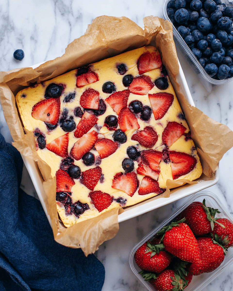 A square baked cheesecake bar with a creamy yellow top layer filled with sliced red strawberries and small dark blueberries scattered evenly. The cheesecake sits inside a white baking pan lined with crinkled light brown parchment paper that folds over the edges. Around the pan, there are two clear plastic containers, one full of fresh, deep blue blueberries and the other filled with bright red strawberries with green stems. The whole setup is placed on a white marbled surface with a dark blue cloth partially visible on the lower side. photo taken with an iphone --ar 4:5 --v 7