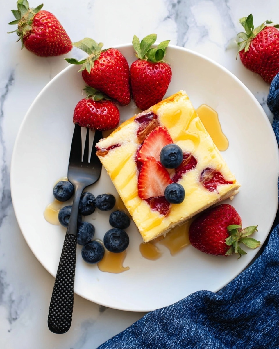 A white plate holds a square slice of creamy yellow cheesecake with visible slices of red strawberries baked inside. The cheesecake is topped with a golden honey drizzle that creates a shiny texture over the surface. Around the cheesecake are fresh red strawberries with green leaves and a small pile of plump, round blueberries in dark blue color. A black fork with a textured handle is placed on the left side of the plate, touching the cheesecake and honey spill. The plate sits on a white marbled surface with a piece of blue fabric in the bottom right corner. Photo taken with an iphone --ar 4:5 --v 7