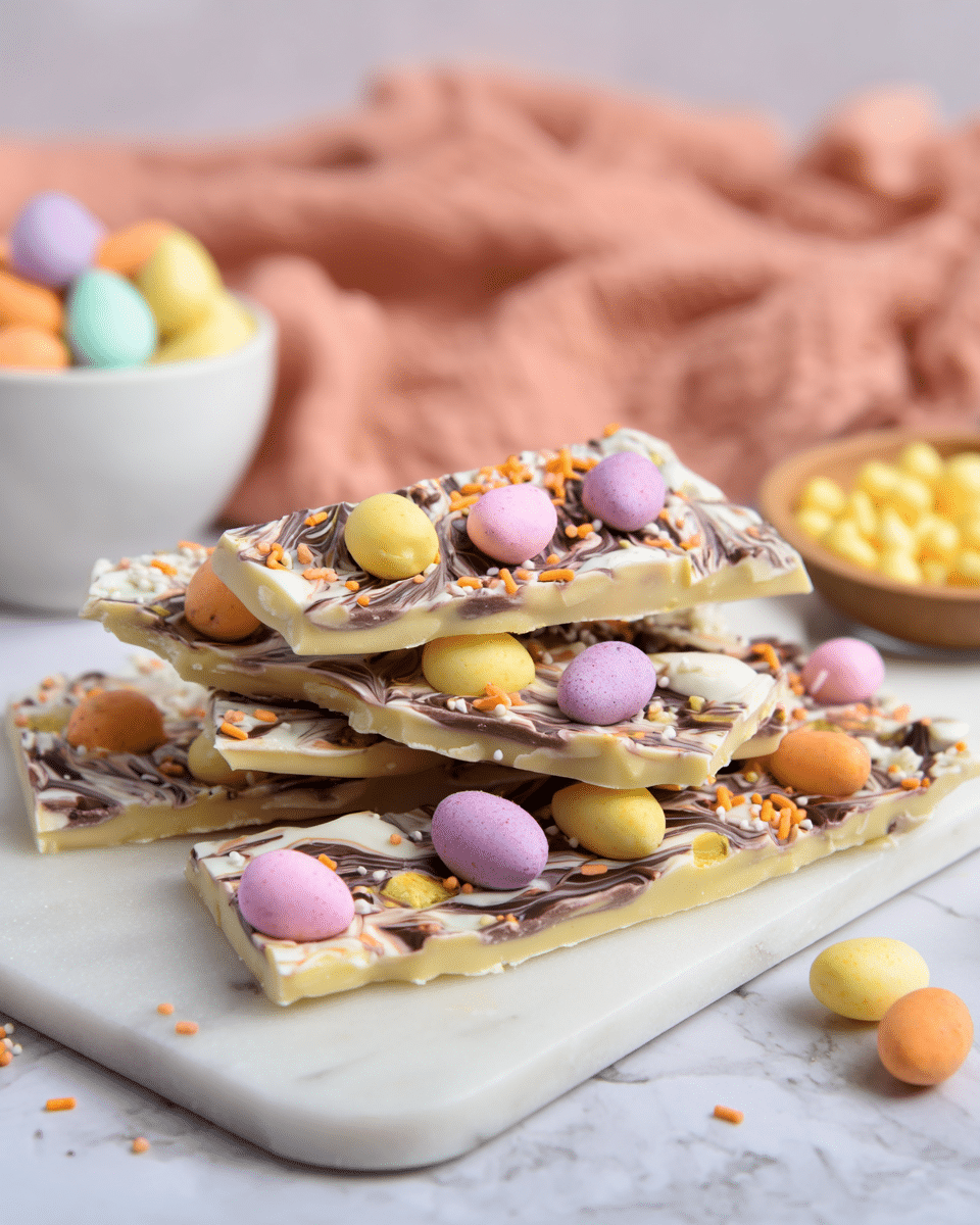 The image shows broken pieces of chocolate bark stacked on a white marbled surface. Each piece has two layers: a smooth, creamy white chocolate base on the bottom and a swirled dark and white chocolate layer on top with a marbled texture. The bark is decorated with pastel-colored candy eggs in soft pink, yellow, orange, and purple scattered on top, along with white and orange sprinkles adding texture and color contrast. In the background, a white bowl with pastel-colored candy eggs and a small bowl with yellow chocolate chips are slightly blurred. A peach-colored cloth is draped softly in the upper background, adding warmth to the scene. Photo taken with an iphone --ar 4:5 --v 7