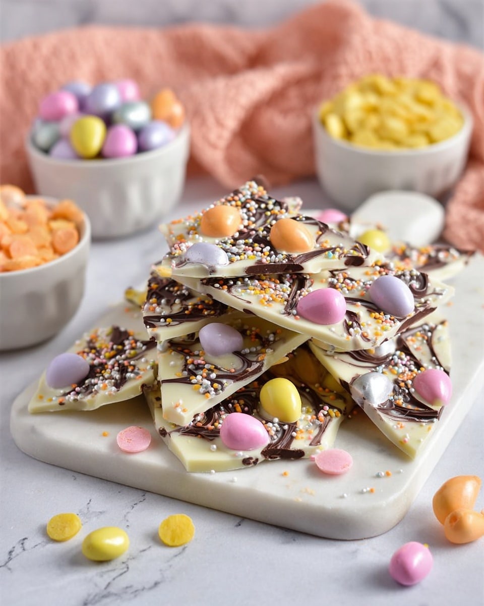 The image shows pieces of cracked Easter candy bark stacked on a white marbled board. Each piece has two layers: a smooth white chocolate base and a dark chocolate swirled top, decorated with small pastel-colored candy eggs in pink, orange, yellow, and purple, along with white, orange, and silver sprinkles scattered all over. The candies have a matte texture with some light shine on the chocolate layers. Around the board, some candy eggs and small yellow chocolate chips are placed, with one white bowl filled with pastel candy eggs and one white bowl with yellow chocolate chips. The background is a white marbled texture with a soft peach cloth in the back. photo taken with an iphone --ar 4:5 --v 7