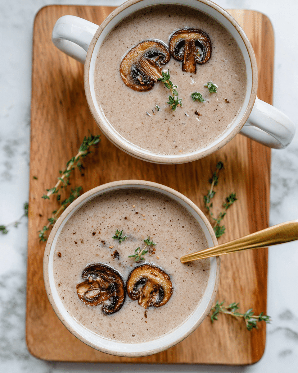 Two white handled bowls filled with creamy light brown mushroom soup sit on a wooden board, placed on a white marbled surface. Each bowl has three browned mushroom slices floating on top along with small green thyme sprigs as garnish. One bowl includes a gold spoon resting inside. The soup surface is smooth and thick, while the mushroom slices show a tender roasted texture with dark edges. Small scattered thyme leaves add a fresh green contrast around the bowls. photo taken with an iphone --ar 4:5 --v 7