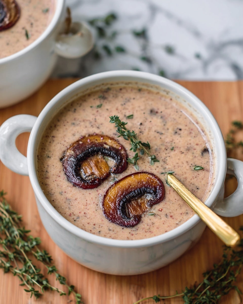 The image shows a creamy, light brown mushroom soup served in a white bowl with two handles. On top, there are three roasted mushroom slices with a dark golden-brown color and a sprig of fresh green thyme lying across the surface. The texture of the soup looks smooth and thick. The bowl rests on a wooden surface, and some extra sprigs of thyme are scattered around. A gold spoon is placed inside the bowl on the right side. The background is a white marbled texture. Photo taken with an iphone --ar 4:5 --v 7