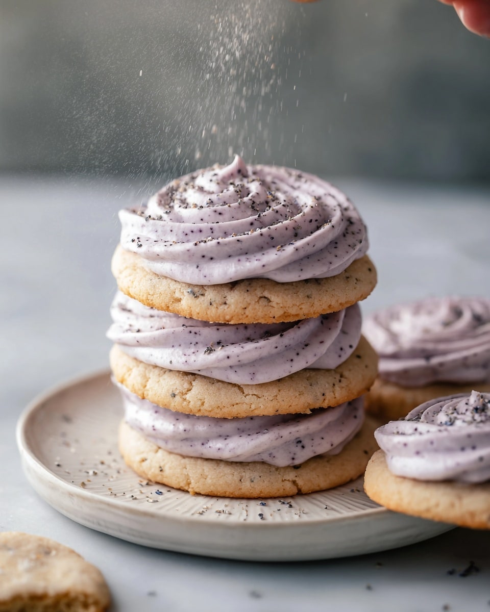 The image shows a stack of three light brown cookies with a soft, slightly rough texture, each layer separated by a generous swirl of light purple frosting speckled with tiny dark dots. The top cookie is also frosted and has some dark specks sprinkled on it. Around the stack, there are more cookies with the same frosting, including one broken cookie revealing its inside. All the cookies are placed on a white plate with a subtle textured surface, set against a white marbled background. A woman's hand is dusting a fine powder over the top cookie, and soft steam or smoke rises near the plate. photo taken with an iphone --ar 4:5 --v 7