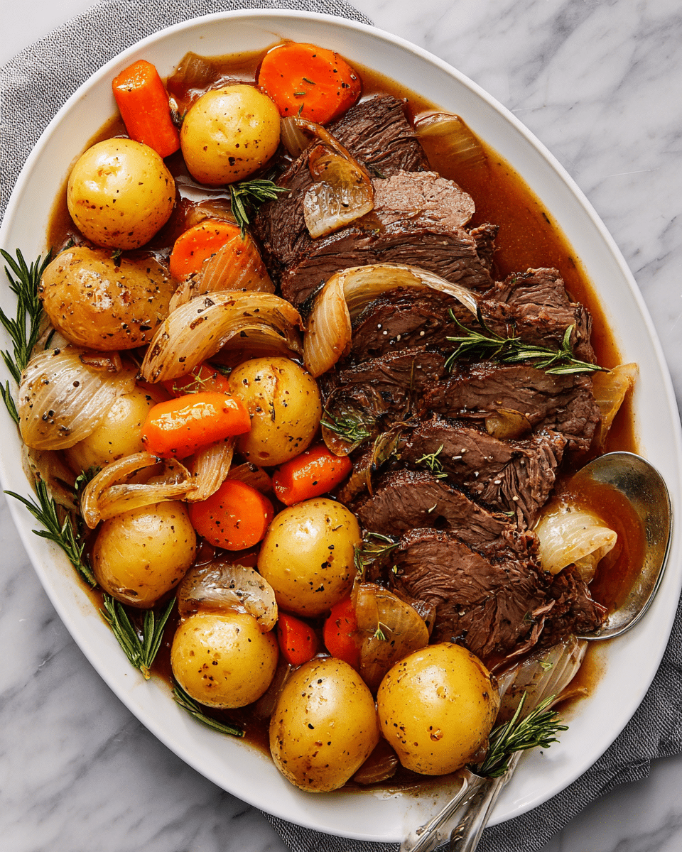This image shows a white oval plate with a layered dish: the bottom layer is a rich brown sauce covering the base; on top, there are slices of dark brown cooked beef arranged in the center; surrounding the beef are whole light golden baby potatoes, thick chunks of bright orange carrots, and translucent cooked onion slices with some black pepper specks, mixed throughout; garnishing the edges are sprigs of green rosemary; a shiny silver spoon is placed on the bottom right side of the plate; all sits on a white marbled surface. photo taken with an iphone --ar 4:5 --v 7