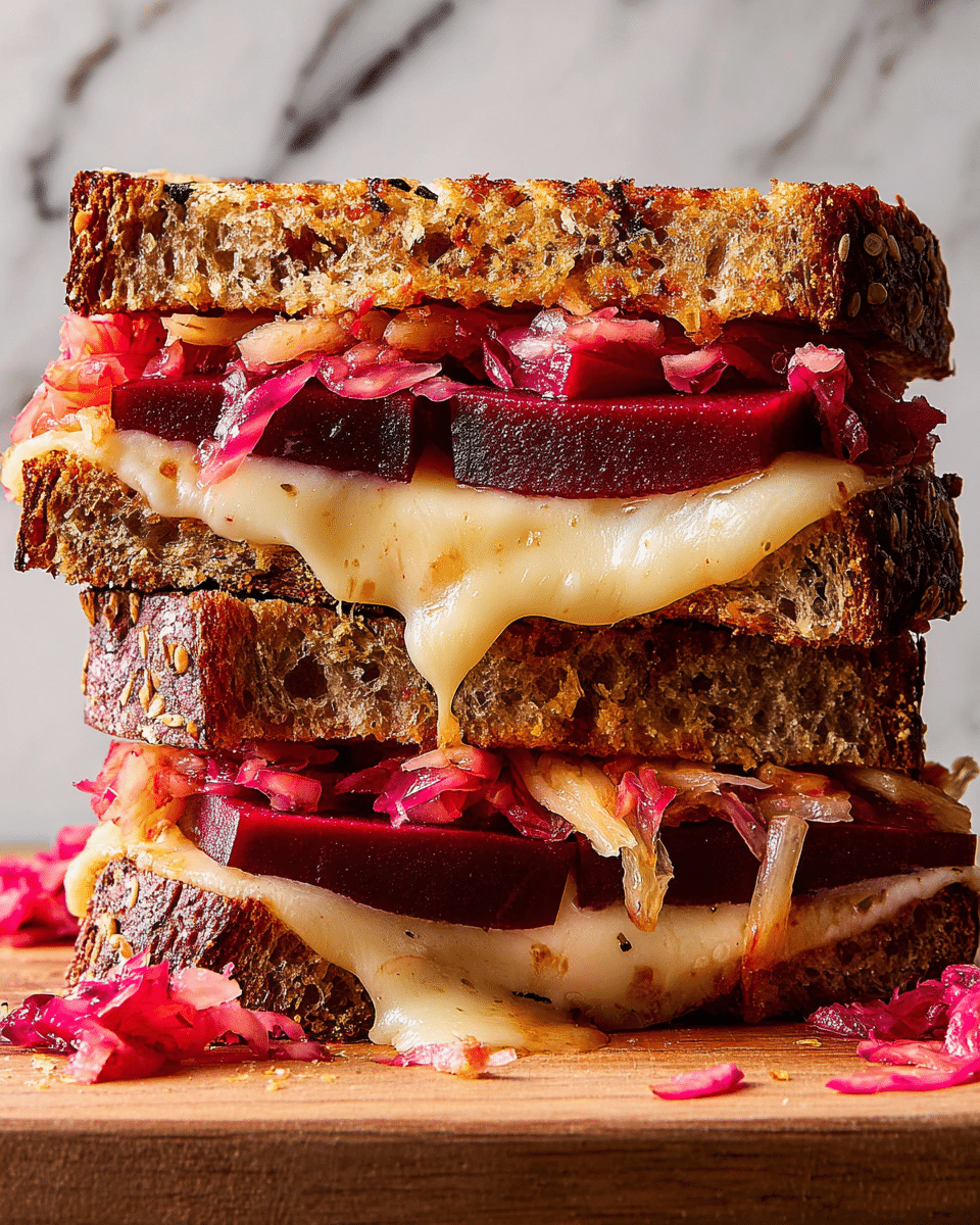 A close-up view of a stacked grilled sandwich cut in half, showing three layers of toasted brown bread with a rough, crunchy texture. Between the bread layers, there is melted cheese dripping down the sides, sliced deep red beetroot pieces, and shredded pinkish-red sauerkraut. The sandwich is placed on a wooden board with some sauerkraut scattered around. The background is a white marbled texture. Photo taken with an iphone --ar 4:5 --v 7