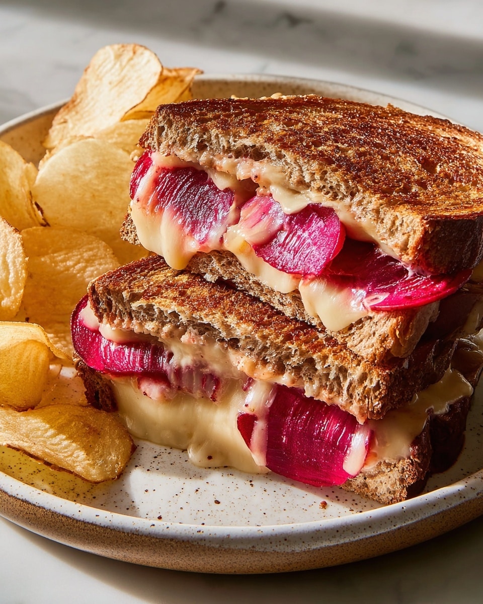 The image shows a toasted sandwich cut in half, placed on a round, white plate with brown speckles, with a side of light yellow potato chips. The sandwich has two layers of toasted brown bread with a crispy texture. Inside, there is a layer of melted light beige cheese, a layer of bright pinkish-red beet slices, and some creamy sauce dribbling out between the halves, adding a glossy texture to the filling. The white marbled surface underneath reflects soft natural light on the food, highlighting the textures and colors of the sandwich and chips. photo taken with an iphone --ar 4:5 --v 7