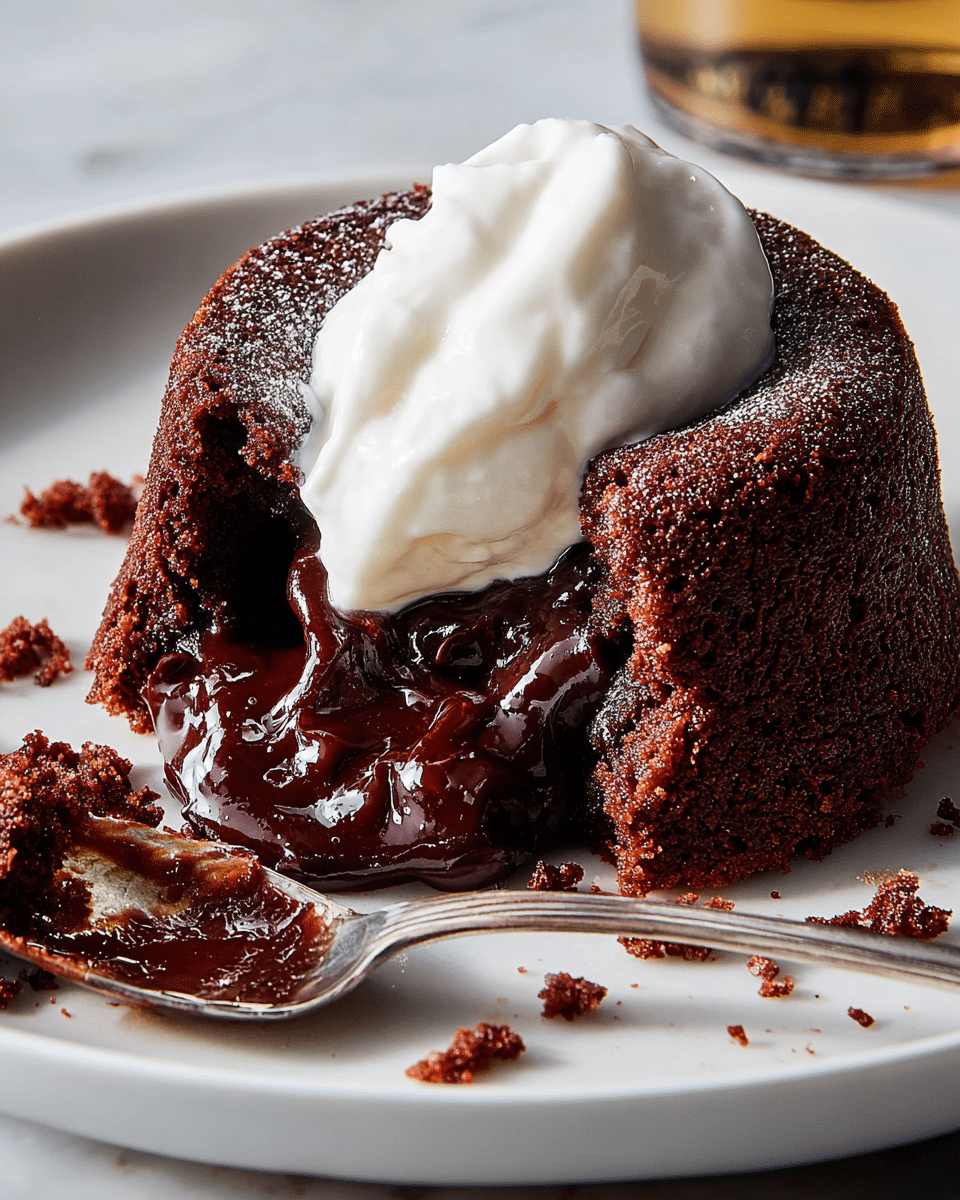 A gooey chocolate lava cake with a rough, dark brown outer layer sits on a white plate with a white marbled texture background. The cake is cut open, showing rich, melted dark chocolate flowing out from the center. On top of the cake is a smooth, white dollop of whipped cream. A spoon next to the cake has some chocolate and cream on it. Small crumbs of the cake are scattered around on the plate. Photo taken with an iphone --ar 4:5 --v 7