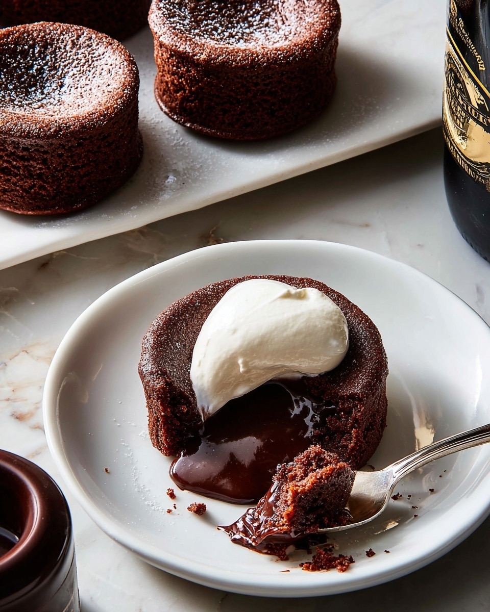 The image shows a white round plate with a half-eaten chocolate lava cake placed in the center. The cake has two visible layers: a soft, dark brown outer cake layer with a slightly rough texture, and a rich, glossy dark chocolate liquid lava center oozing out from the cut side. On top of the cake is a dollop of smooth, white cream. A silver spoon rests on the plate with a small piece of the cake and cream on it. In the background, part of a white rectangular plate holds three whole chocolate lava cakes, each with the same dark brown outer layer and slightly rounded tops. The setting is on a white marbled texture surface with a dark brown bottle cap and part of the bottle visible in the upper left area. photo taken with an iphone --ar 4:5 --v 7