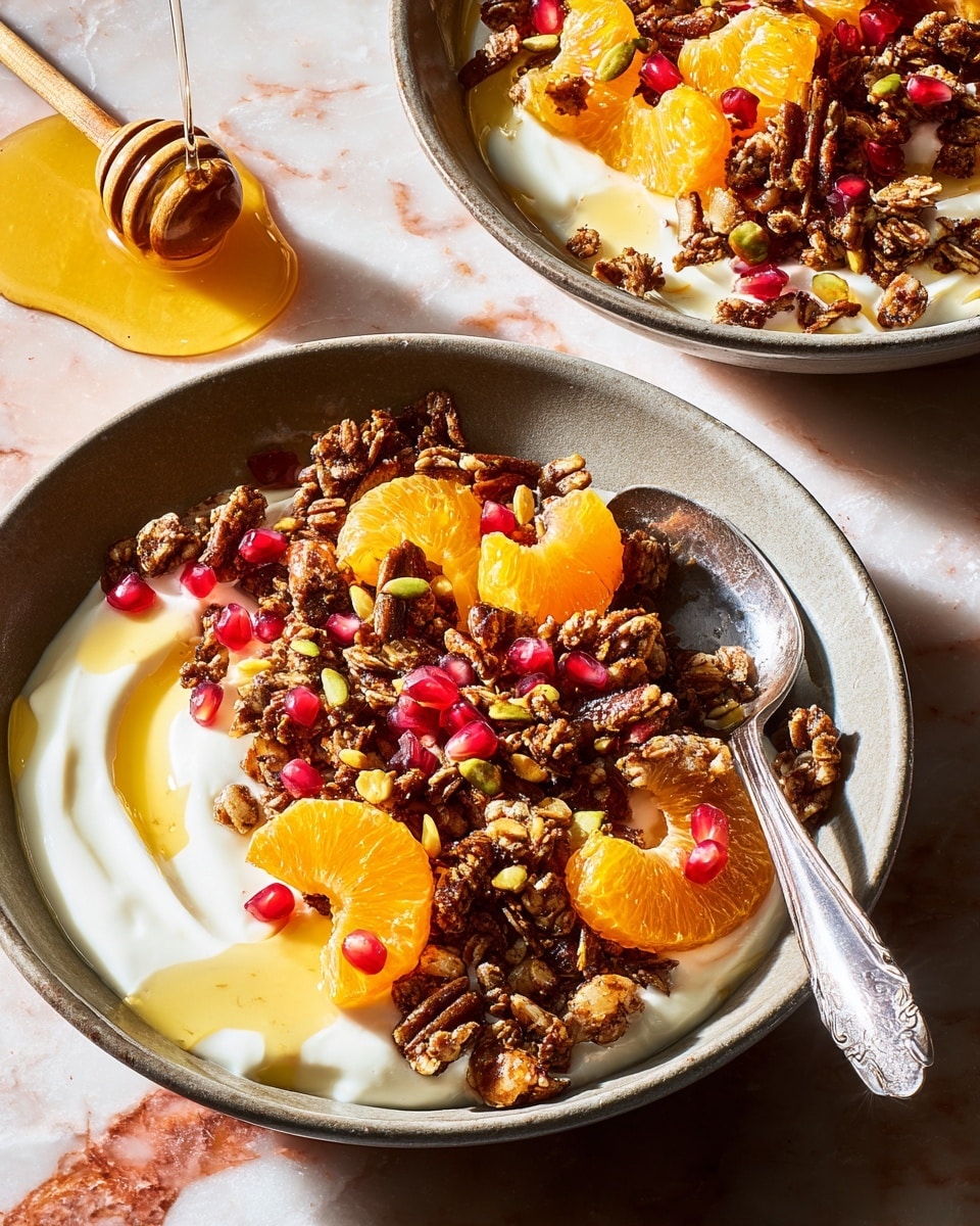 A close-up of two gray bowls filled with a layered breakfast dish sits on a white marbled surface. The bottom layer is creamy white yogurt, spread unevenly inside each bowl. On top, a crunchy, dark brown granola with clusters and pieces of nuts adds texture. Bright orange segments and small red pomegranate seeds are scattered across, adding vibrant color. A drizzle of golden honey pours from a honey dipper above one bowl, with a silver spoon resting on the edge of the other. The scene has warm, natural lighting that highlights the fresh and rich textures. Photo taken with an iphone --ar 4:5 --v 7