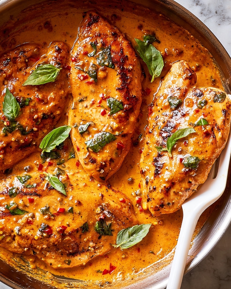 A close-up image of a skillet filled with four golden brown chicken breasts covered in a thick, creamy orange sauce with small red pepper flakes and fresh green basil leaves scattered on top. The chicken pieces have a slightly charred texture with visible grilling marks. A white spatula is lifting one piece on the right side, showing the glossy sauce that is pooling around the meat. The skillet has a shiny metallic edge, and the background is a white marbled texture. photo taken with an iphone --ar 4:5 --v 7