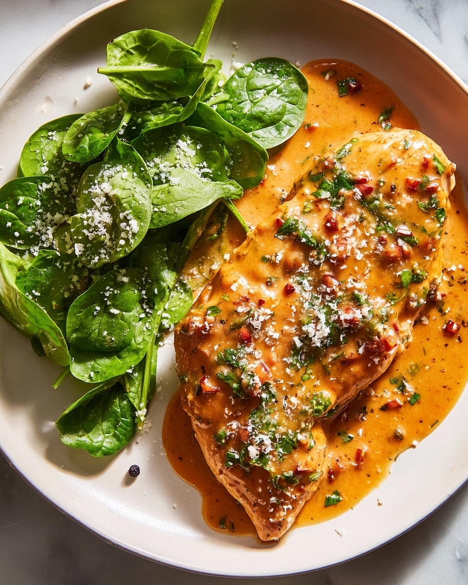 A white round plate holds a piece of chicken breast covered with a thick, creamy orange sauce that has visible herbs and small red bits, with green parsley pieces sprinkled on top and some grated white cheese scattered over the sauce. Next to the chicken is a small pile of bright green fresh spinach leaves with a light shine of oil and a few cracked black pepper pieces. The sauce pools slightly around the chicken, creating a glossy texture that contrasts with the fresh greens, all set on a white marbled surface. photo taken with an iphone --ar 4:5 --v 7