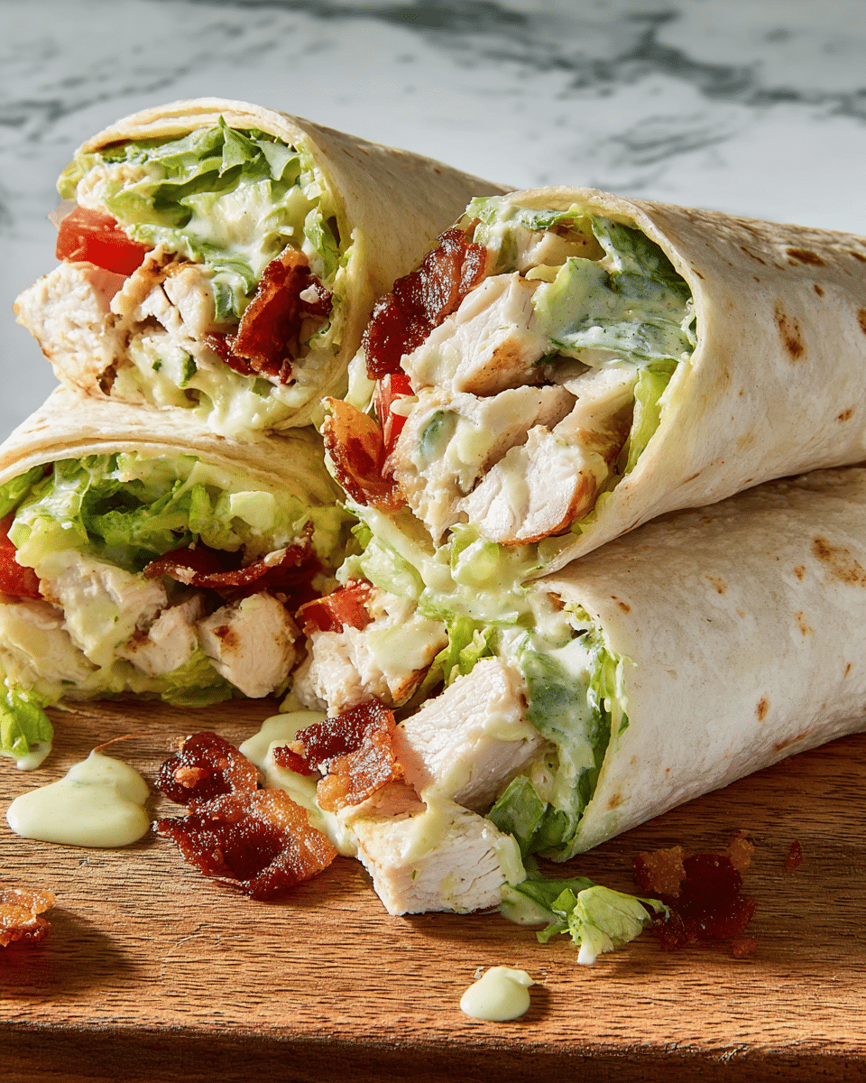 The image shows three tortilla wraps cut in half and stacked on a wooden surface. Each wrap has a soft, pale beige tortilla shell with a slightly textured appearance. Inside, there are visible layers including white chunks of cooked chicken, dark reddish-brown crispy bacon, light green lettuce leaves, and small pieces of red tomato. A creamy light yellow sauce drips from the filling, adding a smooth and rich texture. Some lettuce pieces and chicken bits are scattered loosely around the wraps. The scene is set against a white marbled surface. photo taken with an iphone --ar 4:5 --v 7