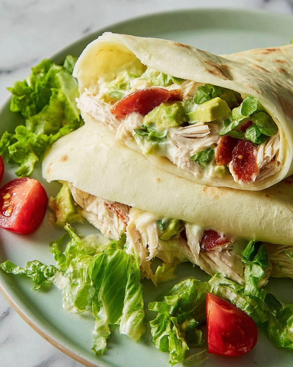 The image shows two folded, soft white crepes on a white plate, with the crepes slightly overlapping. Inside the front crepe, there are visible layers of shredded light beige chicken, crisp green lettuce, red tomato pieces, and green slices of avocado, all coated lightly with a creamy pale yellow sauce. Small scattered pieces of lettuce and tomato surround the crepes on the plate, adding texture and color contrast. The background is a white marbled surface. photo taken with an iphone --ar 4:5 --v 7